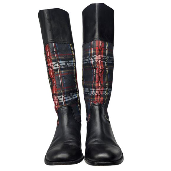 Coach Boots Womens 8.5 Black Red Plaid Tartan Leather Knee High Heeled Knee High - Picture 3 of 12